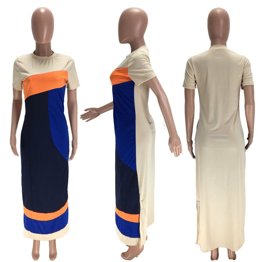 Dresses * | Casual Splice Short Sleeve Long Maxi Dress Mn-9234 Store Beige