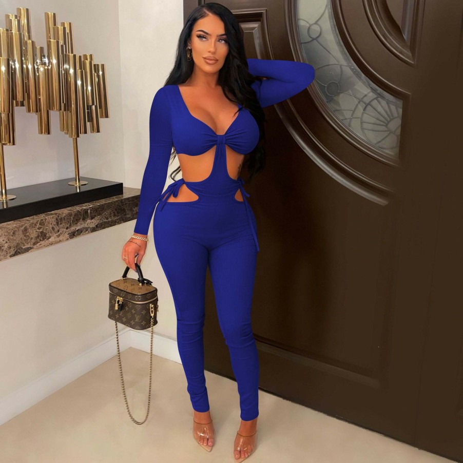 Clubwear * | Sexy Hollow Out Long Sleeve Jumpsuit Qzyd-1158 Lower Prices