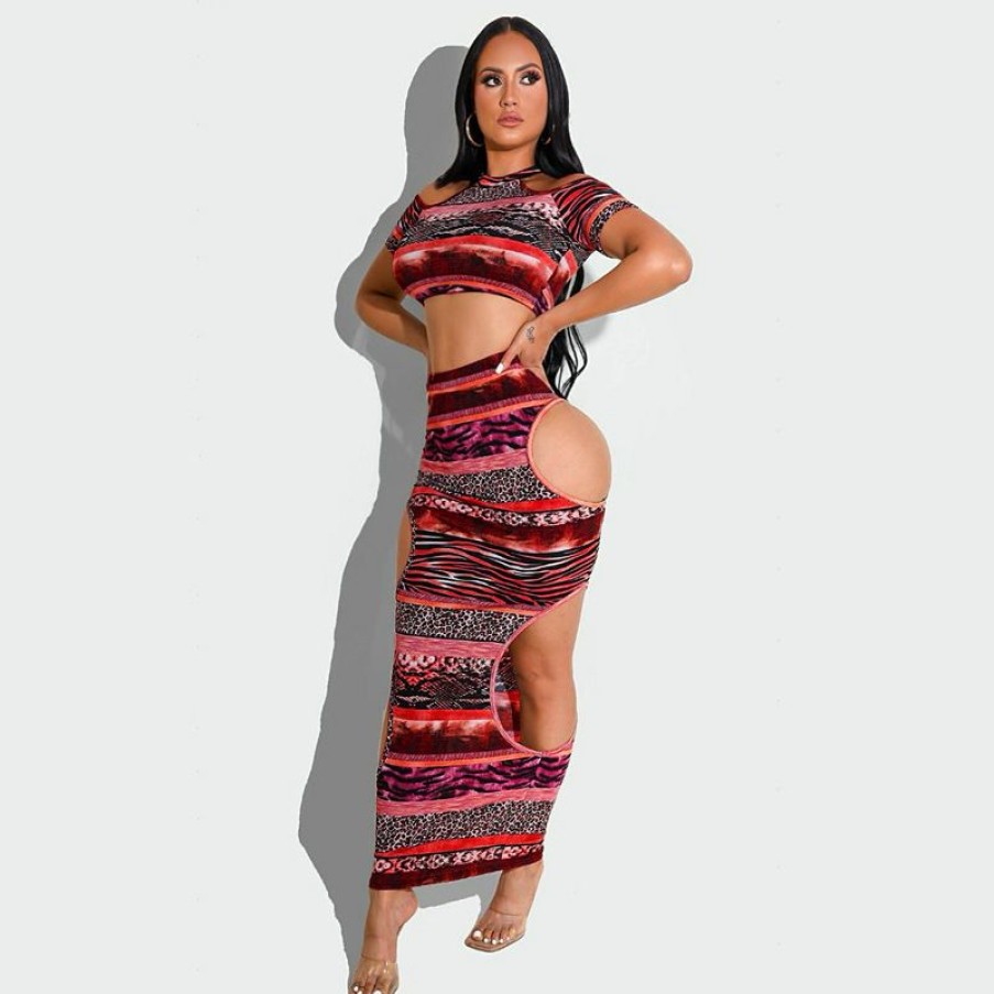 Clubwear * | Plus Size Leopard Short Sleeve Hollow Maxi Skirt 2 Piece Sets Osif-22205 Clearance