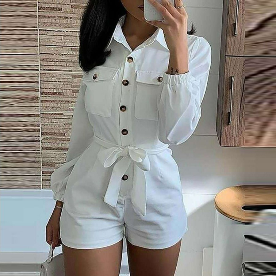 Clubwear * | Casual Long Sleeve Rompers Ynb-7067 Bestsellers White