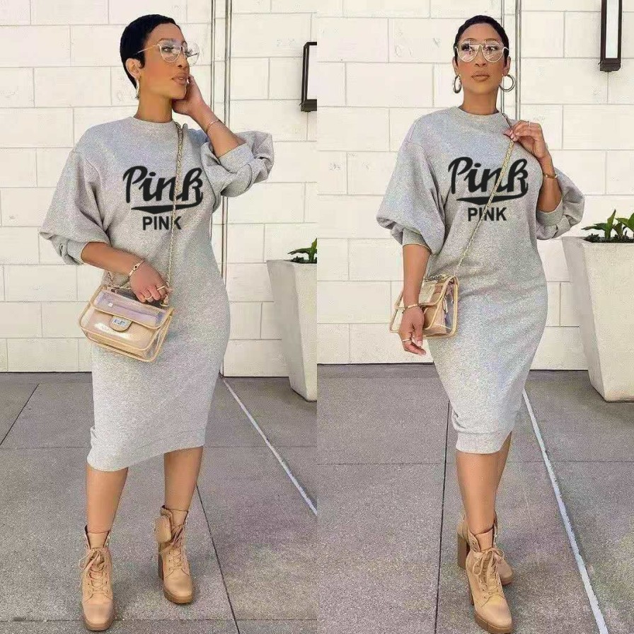 Dresses * | Pink Letter Print 3/4 Sleeve Casual Midi Dress Xnsf-6801 Bestsellers Gray