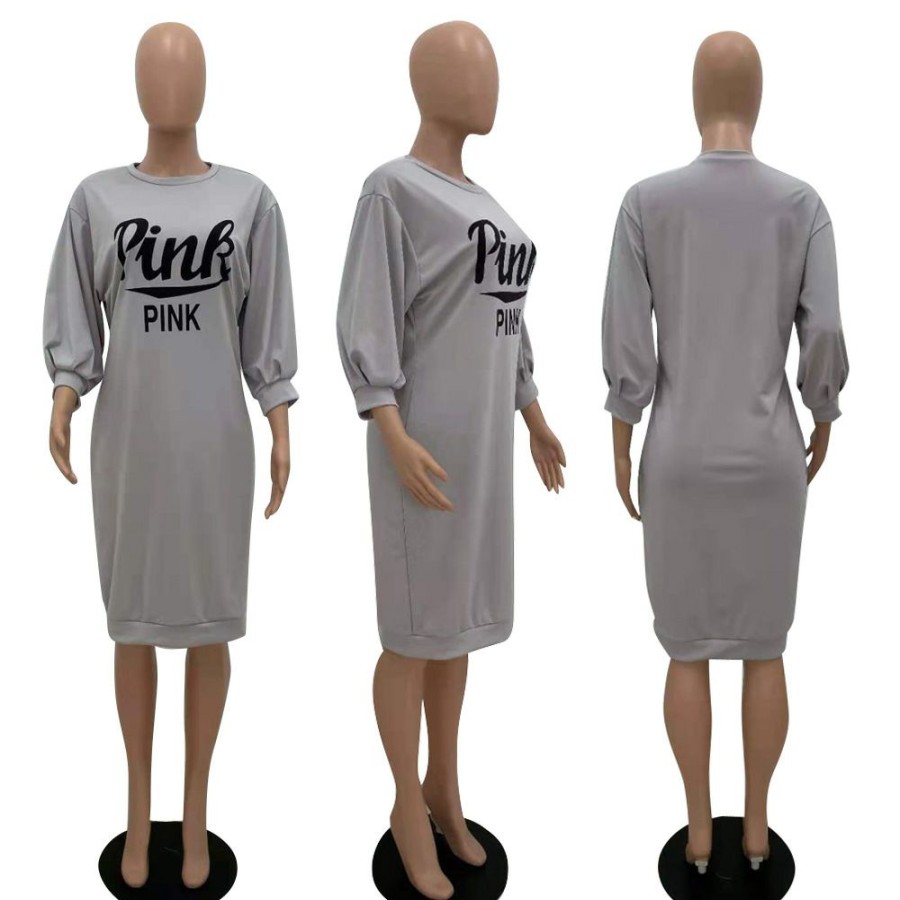 Dresses * | Pink Letter Print 3/4 Sleeve Casual Midi Dress Xnsf-6801 Bestsellers Gray