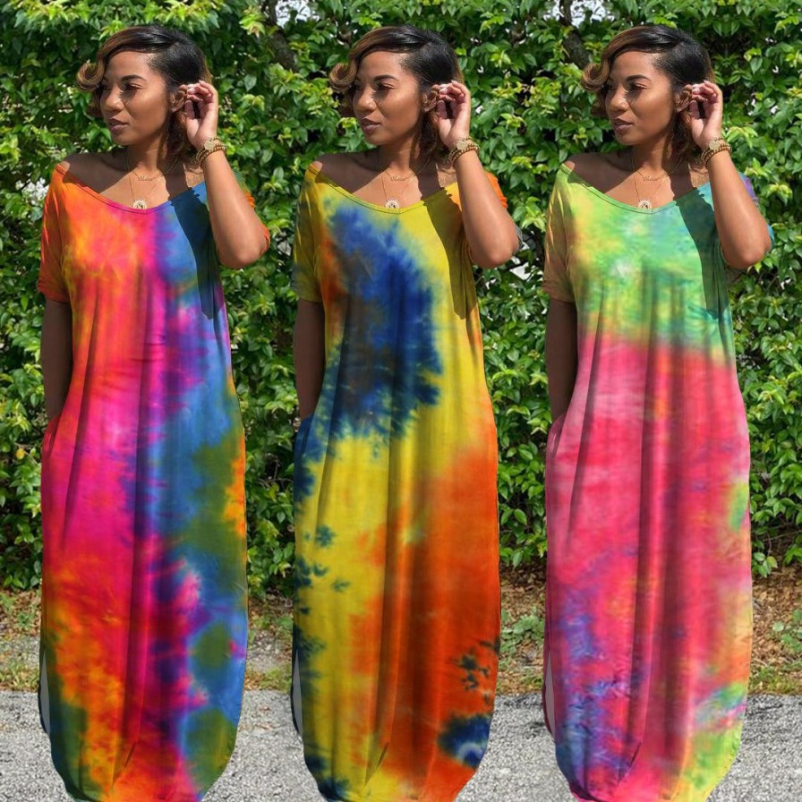 Dresses * | Plus Size Tie Dye V Neck Split Short Sleeve Maxi Dress Waf-7146 Bestsellers