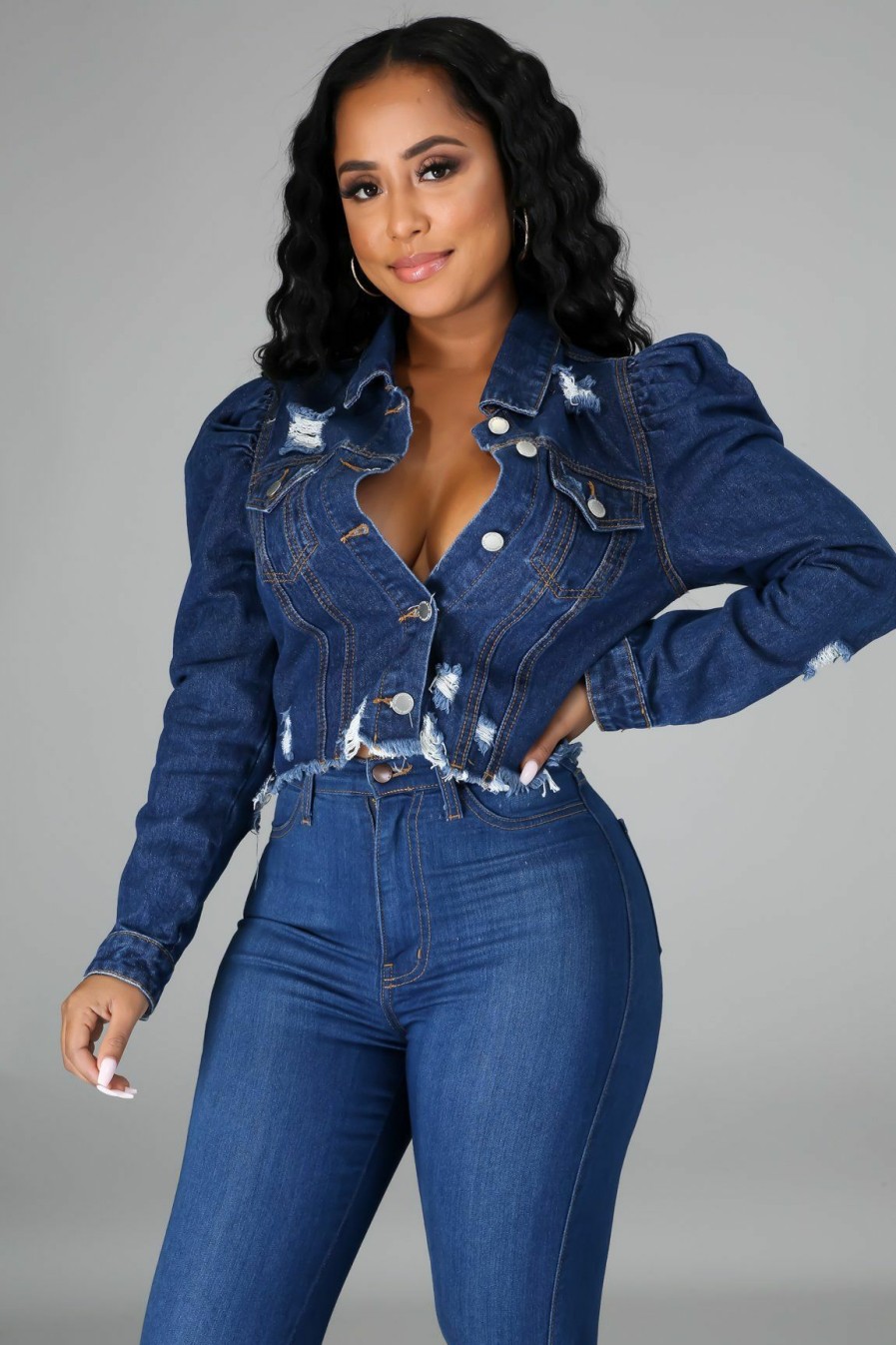 Tops * | Plus Size Denim Ripped Hole Puff Sleeve Jacket Lx-6040 Good Quality Dark Blue