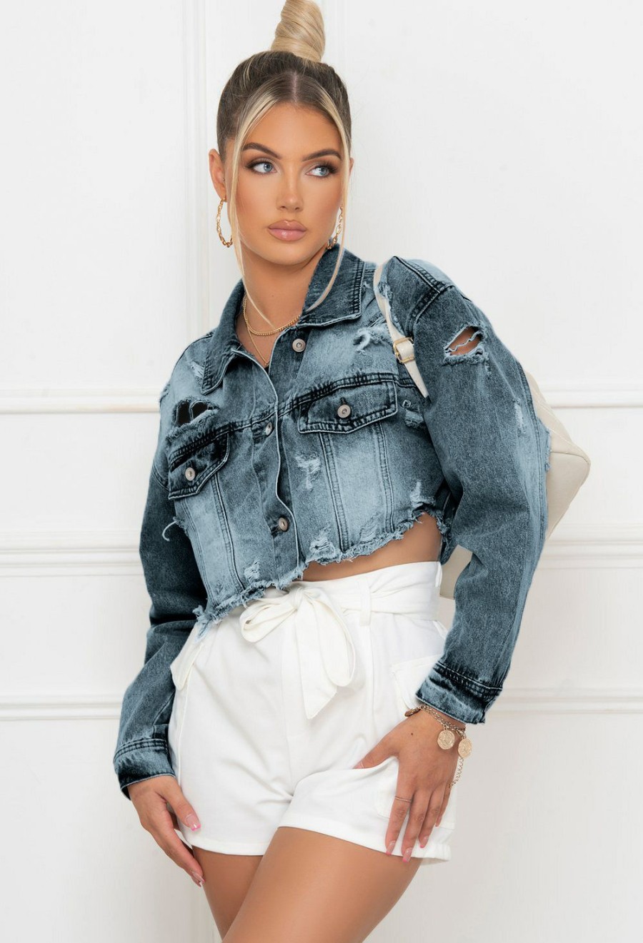 Tops * | Denim Ripped Hole Cropped Jacket Lx-3526 Special Darkblue