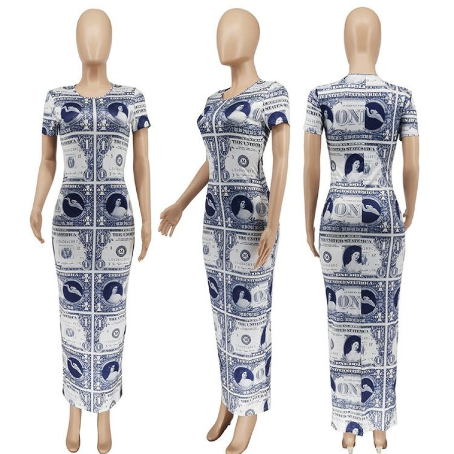 Dresses * | Casual Printed Short Sleeve Split Maxi Dress Wsyf-5887 Exclusive Design White