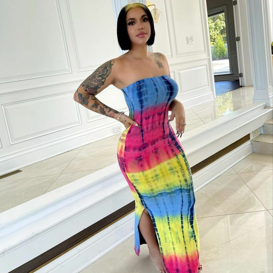 Dresses * | Tie Dye Print Off Shoulder Split Maxi Tube Dress Zdf-31186 Exquisite Gifts Asshown