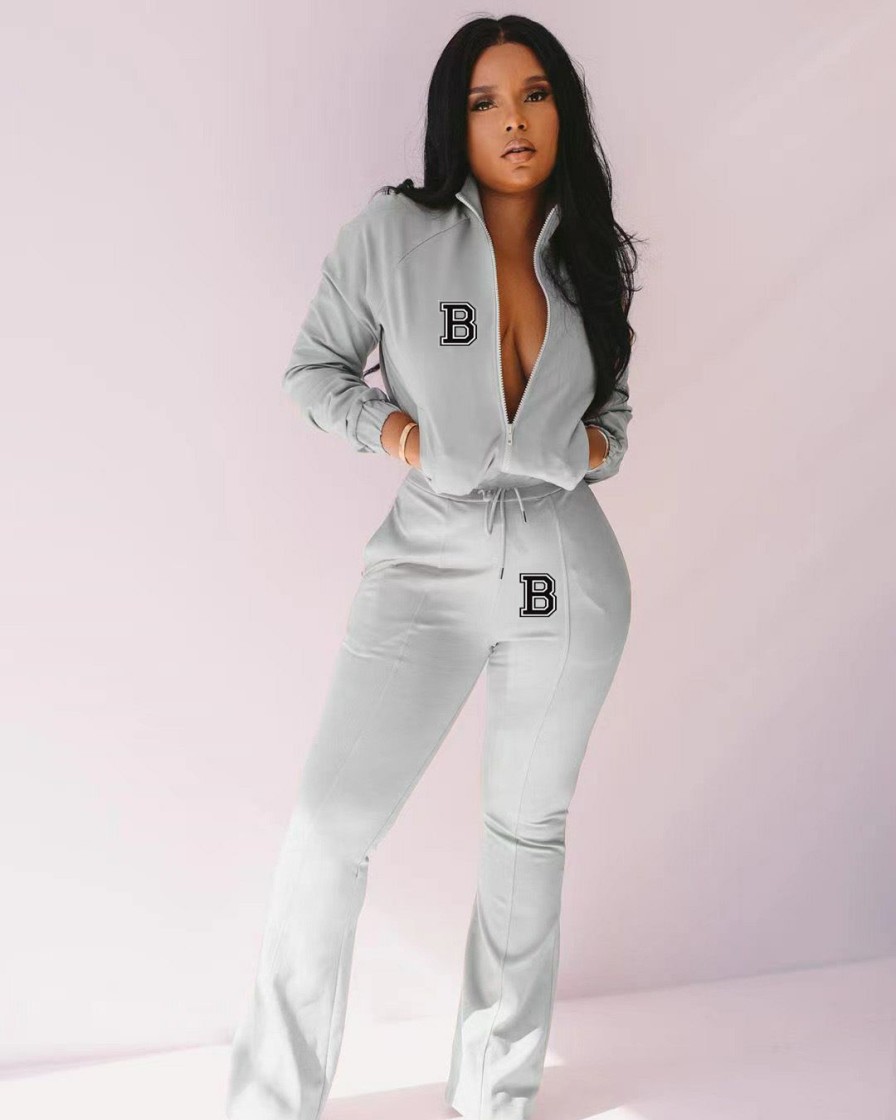 Clubwear * | B Letter Print Zipper Long Sleeve Pant Two Piece Set Ouqf-A036 Top Selling