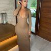 Dresses * | Solid Ribbed Long Sleeve Bodycon Maxi Dress Mn-9322 Best Sale