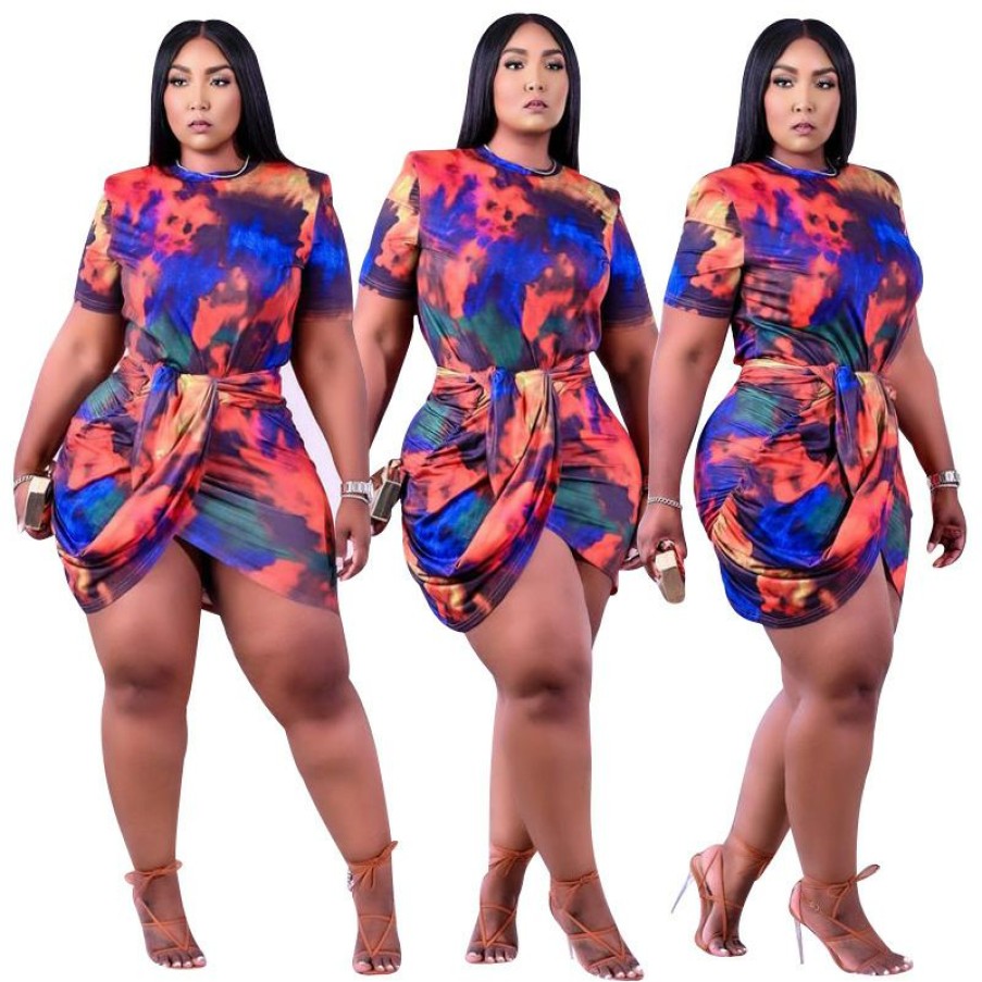 Dresses * | Plus Size Fashion Casual Print Mini Dress Nnwf-3054 Top Selling Asshown