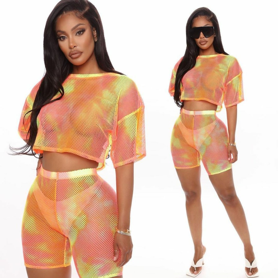 Clubwear * | Sexy Mesh See Through Two Piece Shorts Set Awn-5099 Best Price Orange