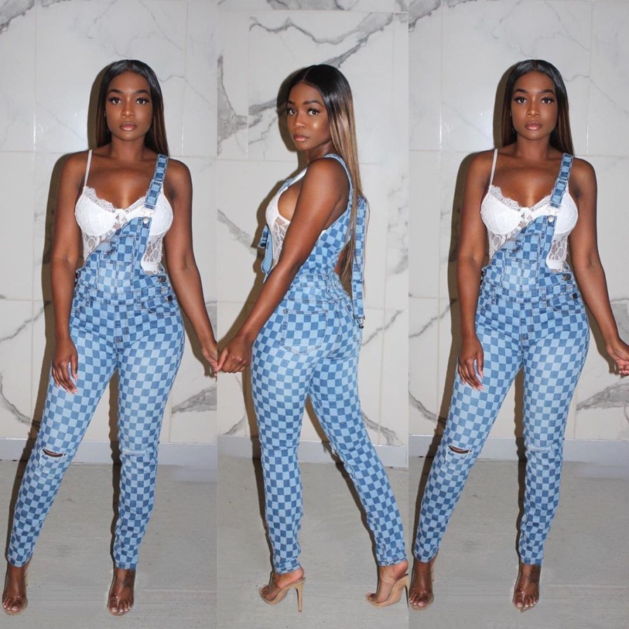 Clubwear * | Denim Plaid Ripped Hole Strap Jumpsuit La-3173 Typical Style Asshown