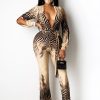 Clubwear * | Sexy Deep V Long Sleeve Wide Leg Jumpsuits With Mask Ym-9230 Clearance Khaki