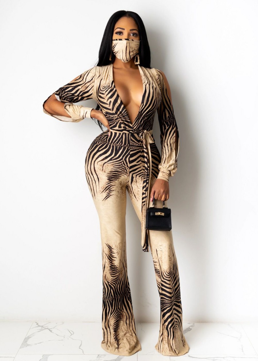 Clubwear * | Sexy Deep V Long Sleeve Wide Leg Jumpsuits With Mask Ym-9230 Clearance Khaki