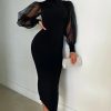 Dresses * | Long Sleeve Patchwork Split Midi Dress Xhxf-211 Best-Selling Black