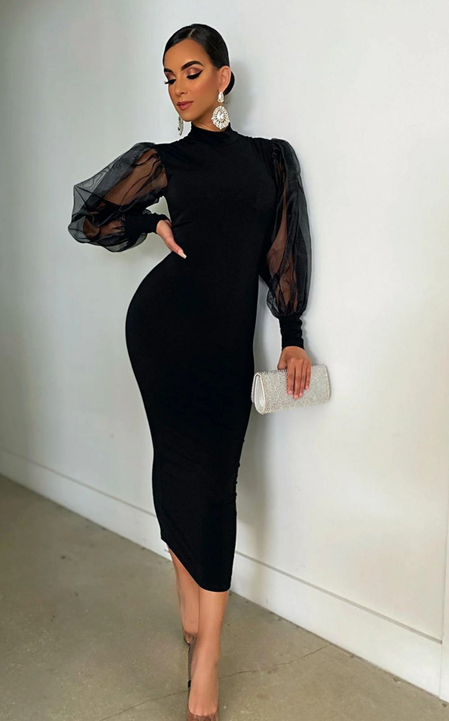 Dresses * | Long Sleeve Patchwork Split Midi Dress Xhxf-211 Best-Selling Black