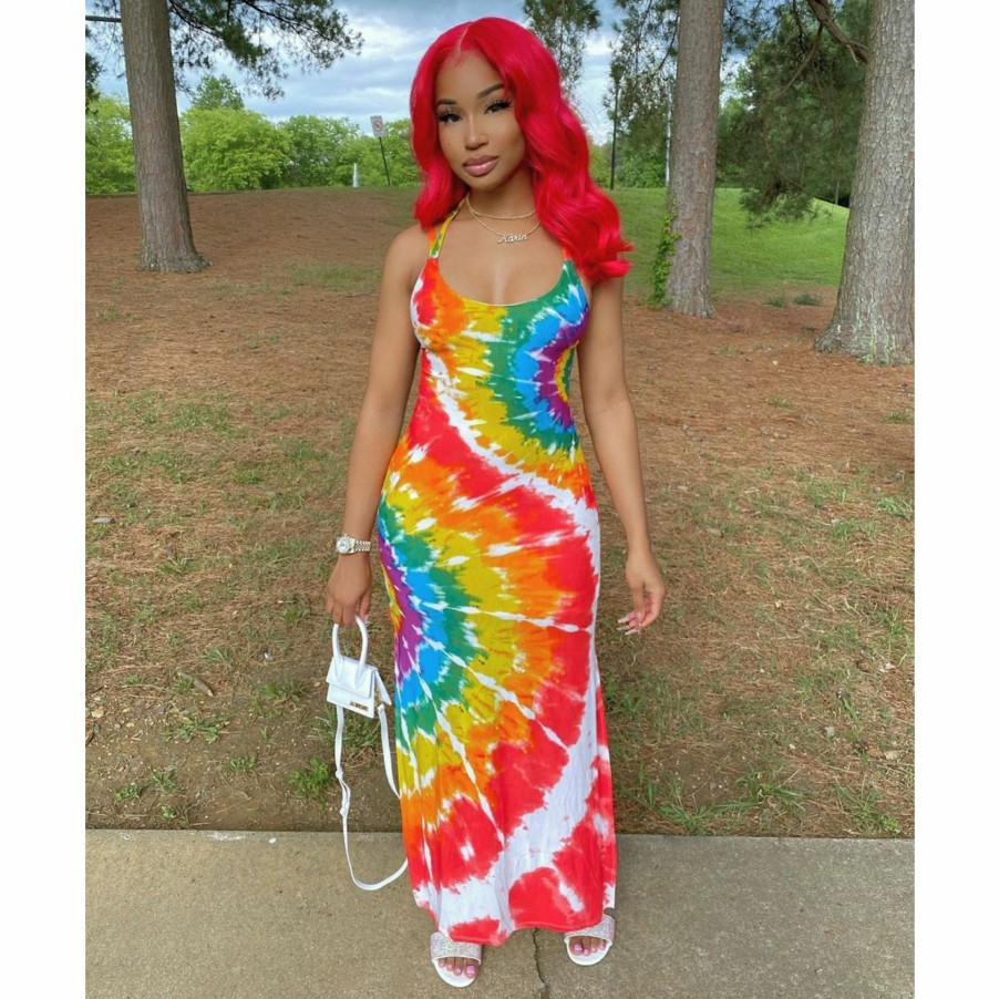 Dresses * | Plus Size Fashion Tie-Dye Halter Strap Dress Yfs-3531 Lower Prices Rainbow