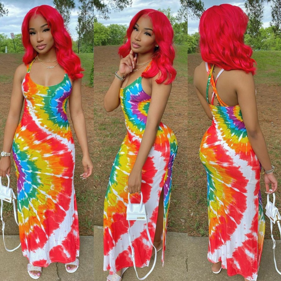 Dresses * | Plus Size Fashion Tie-Dye Halter Strap Dress Yfs-3531 Lower Prices Rainbow