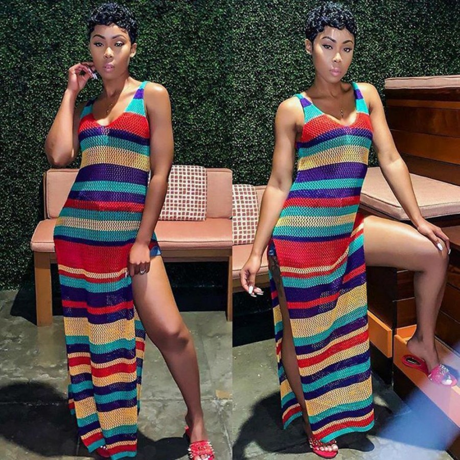 Dresses * | Colorful Striped Mesh High Split Beach Maxi Dress Tr-943 Outlet As Shown