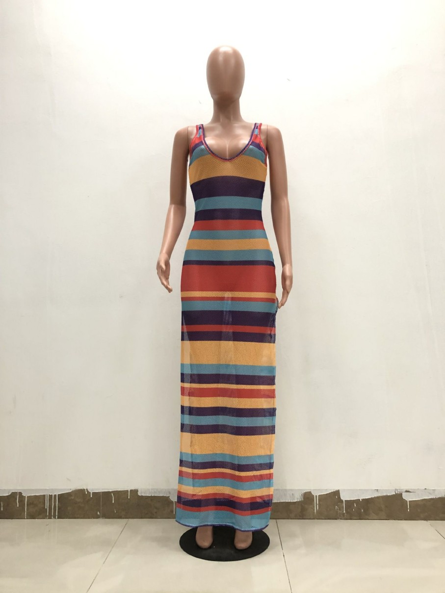 Dresses * | Colorful Striped Mesh High Split Beach Maxi Dress Tr-943 Outlet As Shown