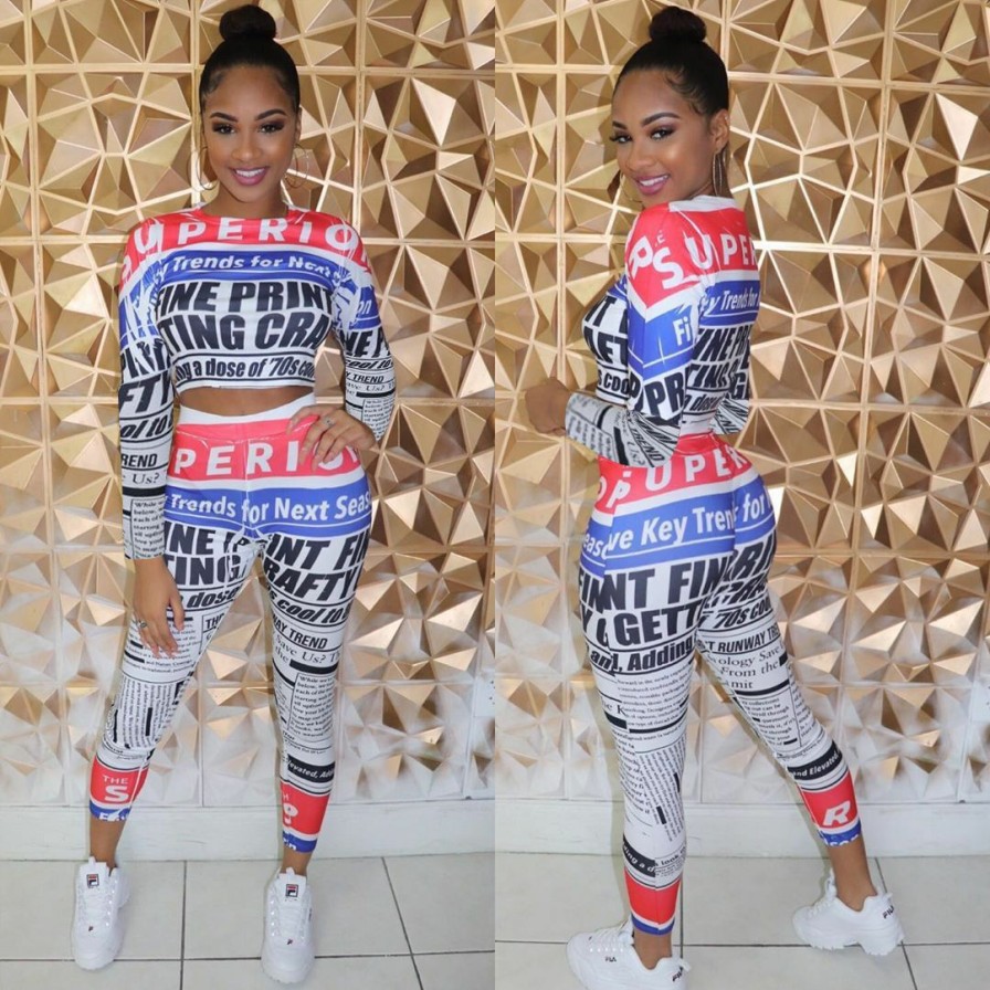 Clubwear * | Newspaper Print Long Sleeve Two Piece Pants Set Awyf-L669 Premium Colorful