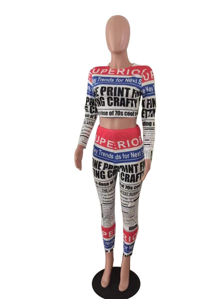 Clubwear * | Newspaper Print Long Sleeve Two Piece Pants Set Awyf-L669 Premium Colorful