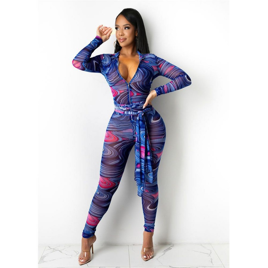 Clubwear * | Sexy Mesh Printed Zipper Long Sleeve Sashes Jumpsuit Yuem-66143 Top Selling