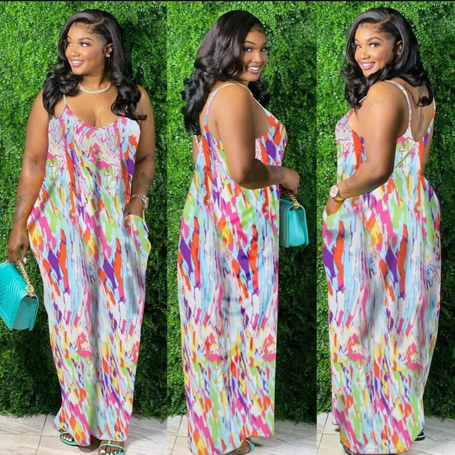 Dresses * | Sexy Printed Spaghetti Strap Loose Maxi Dress Ynsf-1645 Hot Sell Colorful