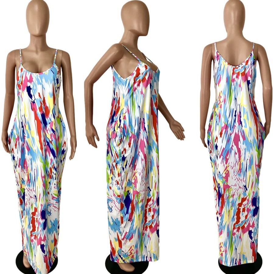 Dresses * | Sexy Printed Spaghetti Strap Loose Maxi Dress Ynsf-1645 Hot Sell Colorful