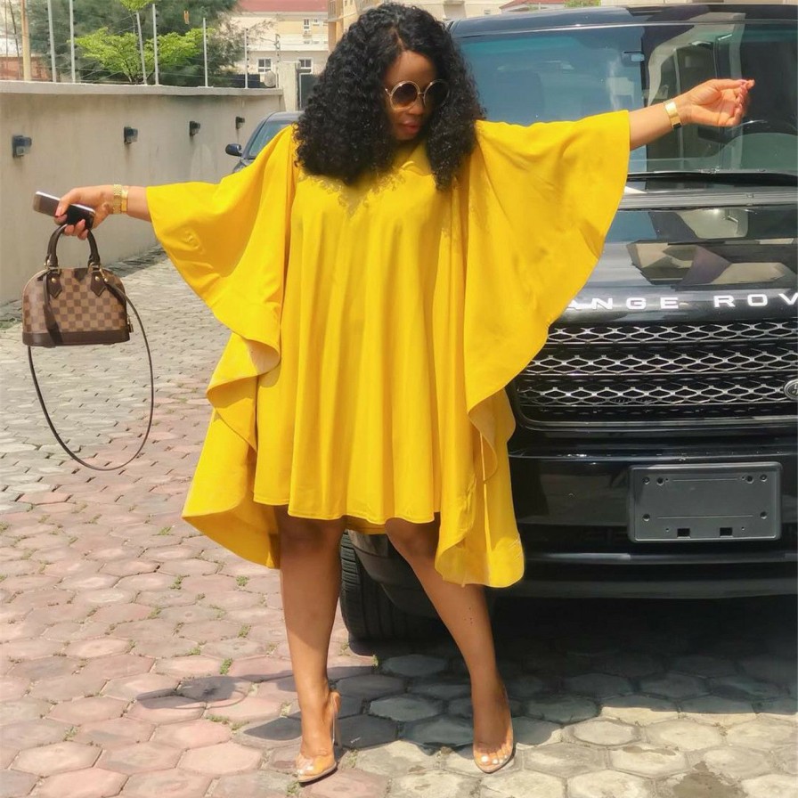 Dresses * | Yellow Casual Loose Batwing Sleeve Mini Dresses Nik-037 Hot Sale As Shown