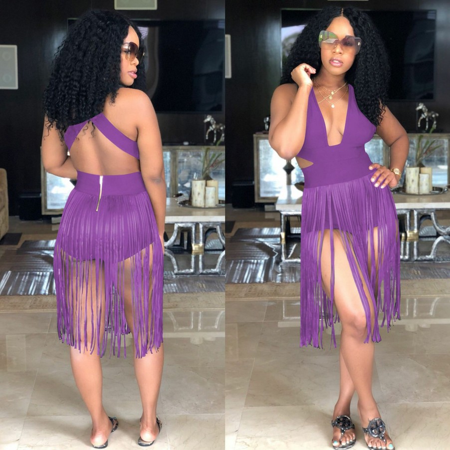 Clubwear * | Plus Size Sexy Tassel Backless Tight Rompers Yn-974 Outlet