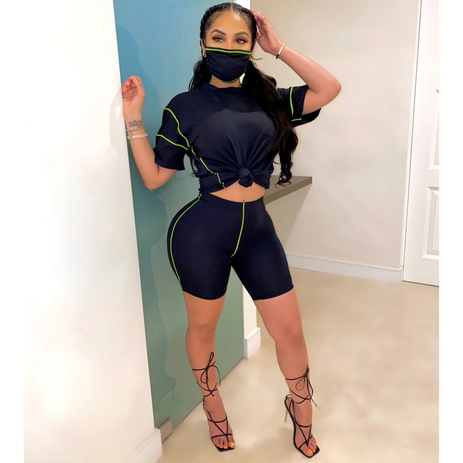 Clubwear * | Casual Dropped Shoulders Two Piece Shorts Set With Mask Zsd-0293 Fashionable