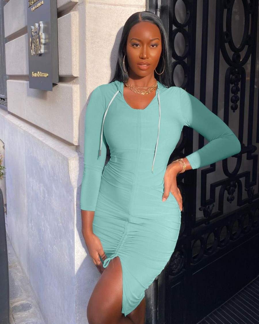 Dresses * | Solid Hooded Long Sleeve Drawstring Ruched Mini Dress Jzhf-8097 Best-Selling Green