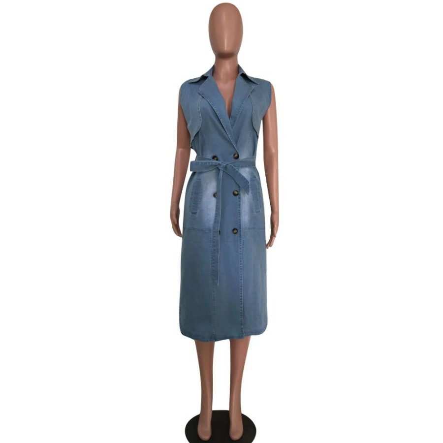 Dresses * | Casual Sleeveless Sashes Denim Midi Dress Mem-8234 Discount Online Light Blue