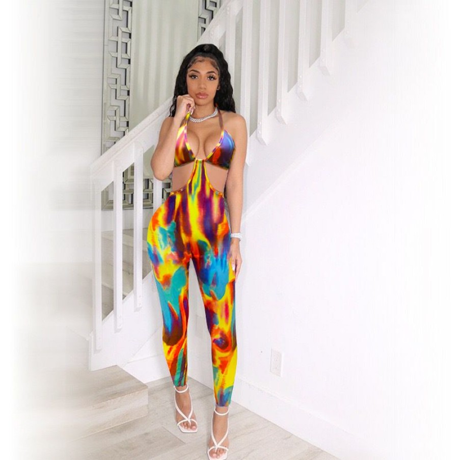 Clubwear * | Sexy Tie Dye Print Hollow Out Jumpsuit Qzx-6209 Excellent Quality Colorful-Yellow