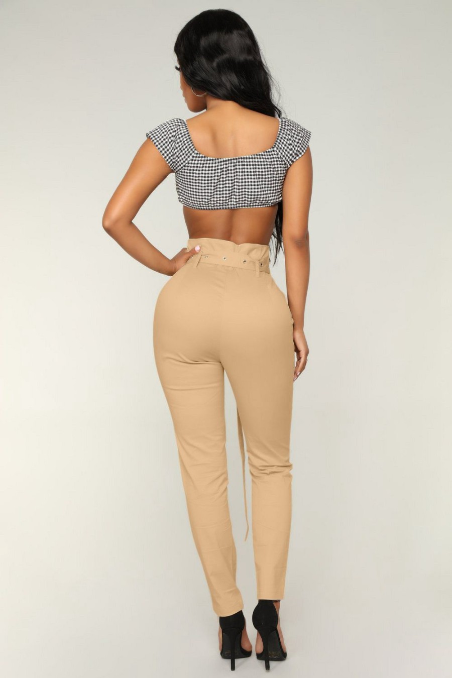 Bottoms * | Solid High Waist Pants With Belt Lsl-6171 Good Quality Khaki