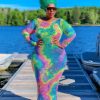 Dresses * | Plus Size Tie Dye Print Hollow Out Maxi Dress Me-6082 Store Bluepink