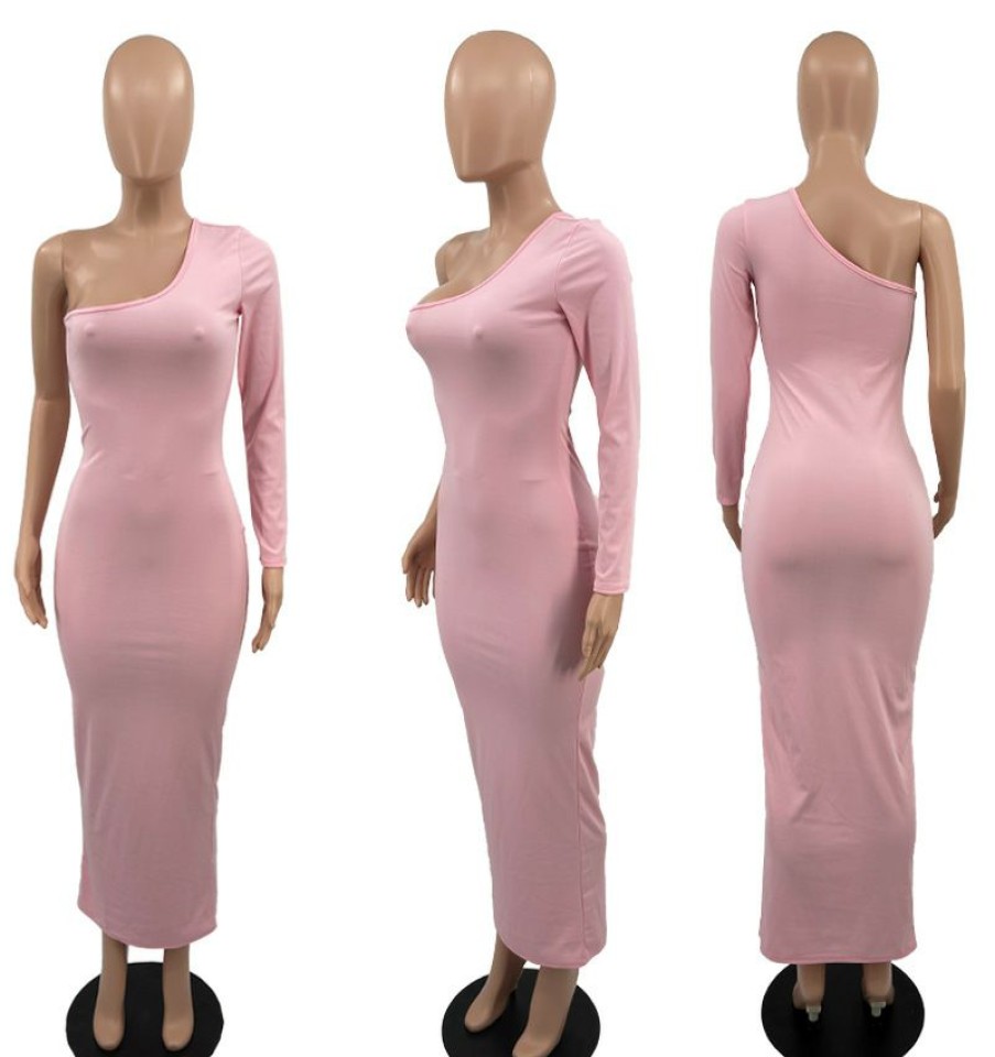 Dresses * | Solid Color Single Sleeve Maxi Dress Yacf-Yc8013 Excellent Pink