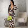 Dresses * | Print Zipper Long Sleeve Slim Maxi Dress Myf-2350 Excellent Leopard