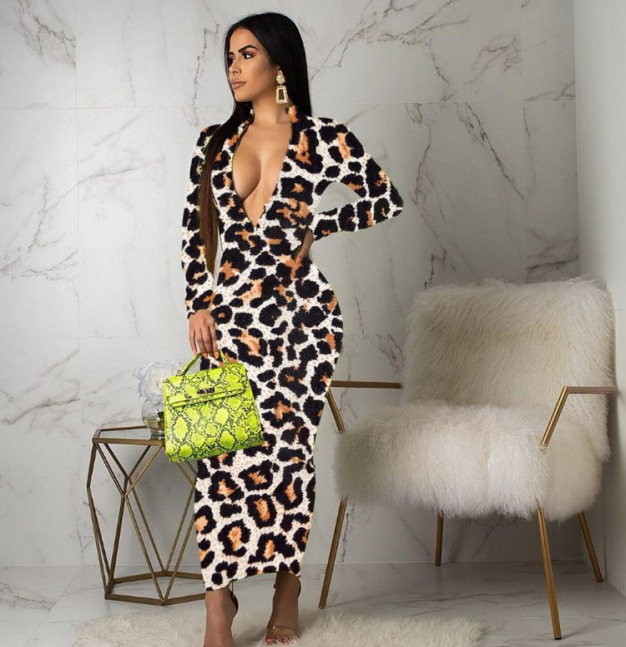 Dresses * | Print Zipper Long Sleeve Slim Maxi Dress Myf-2350 Excellent Leopard