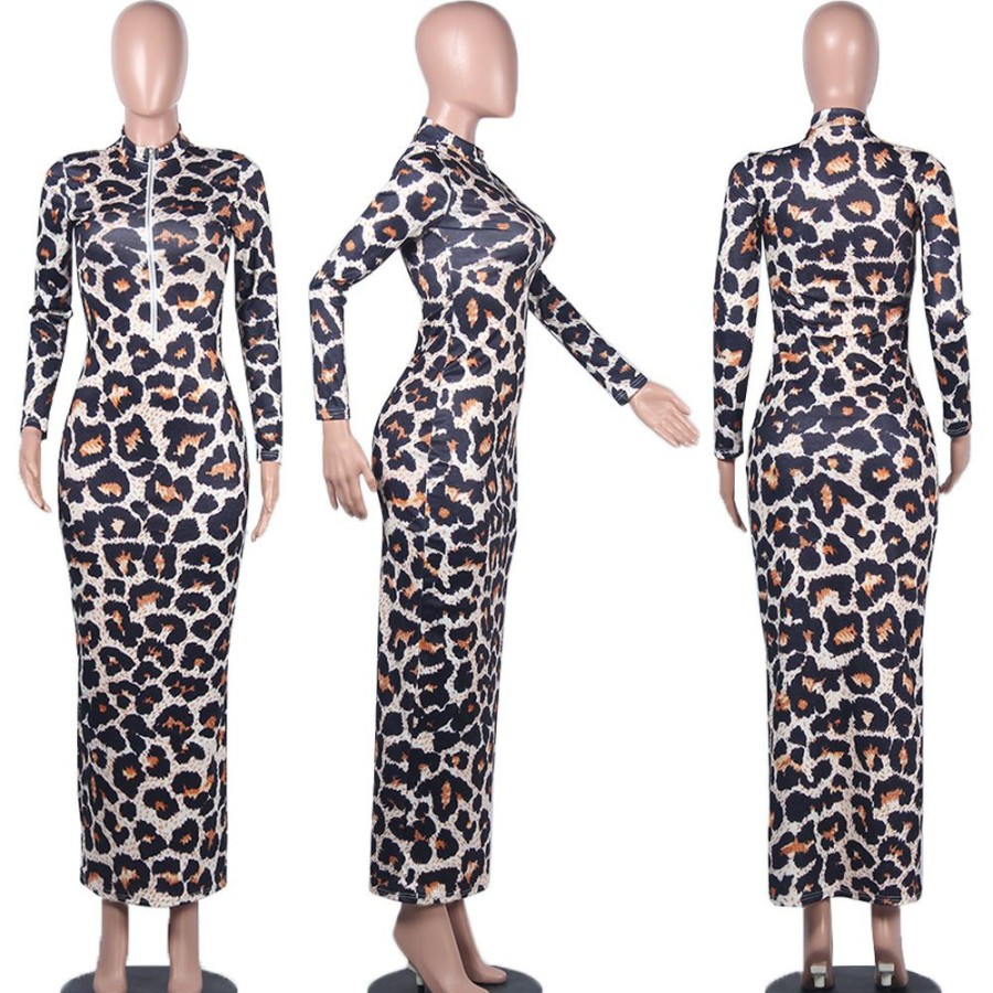 Dresses * | Print Zipper Long Sleeve Slim Maxi Dress Myf-2350 Excellent Leopard