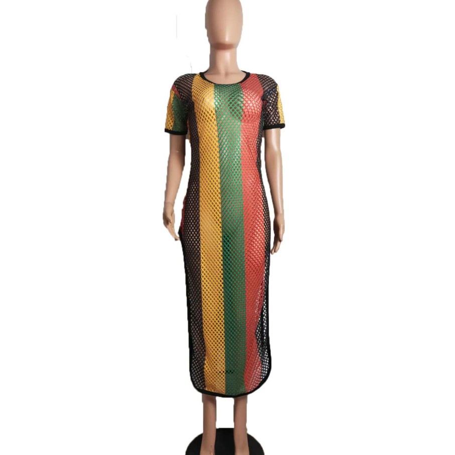 Dresses * | Sexy Multicolor Mesh Striped Dress Bs-1024 Official Colorful