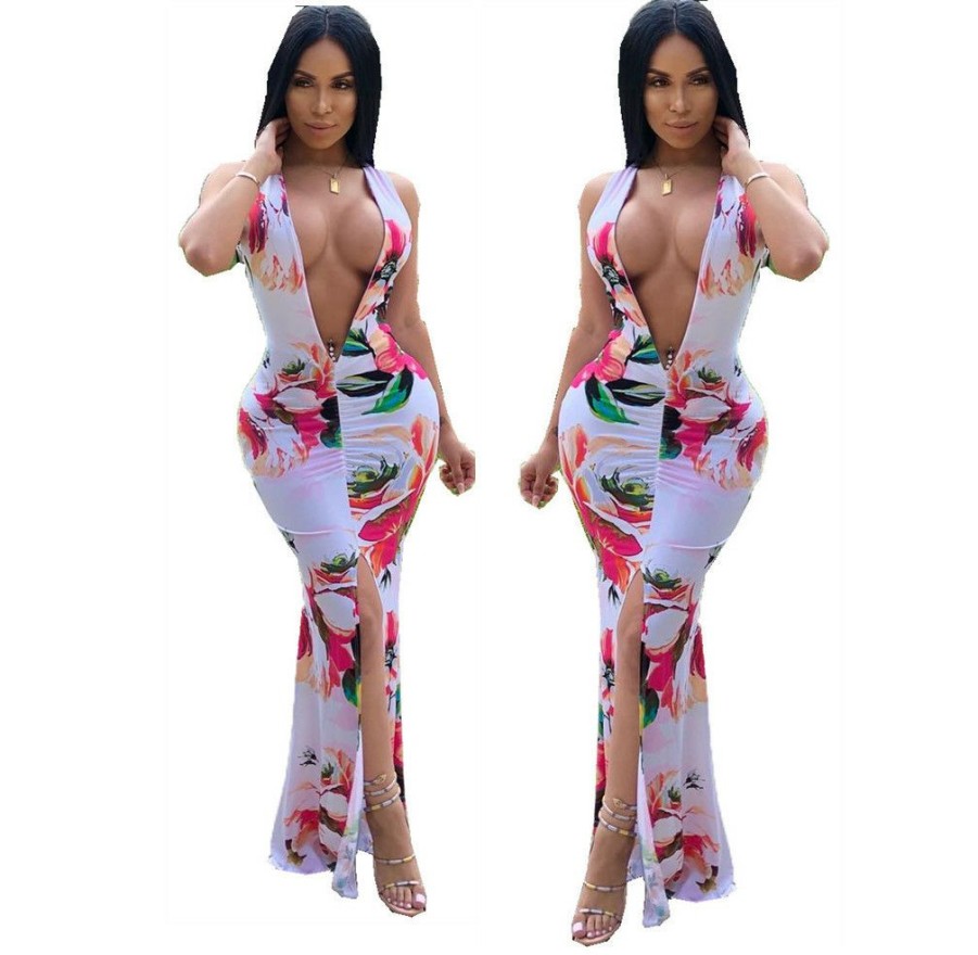 Dresses * | Deep V-Neck Split Sexy Print Maxi Dress Om-1110 Best Sale Multicolor