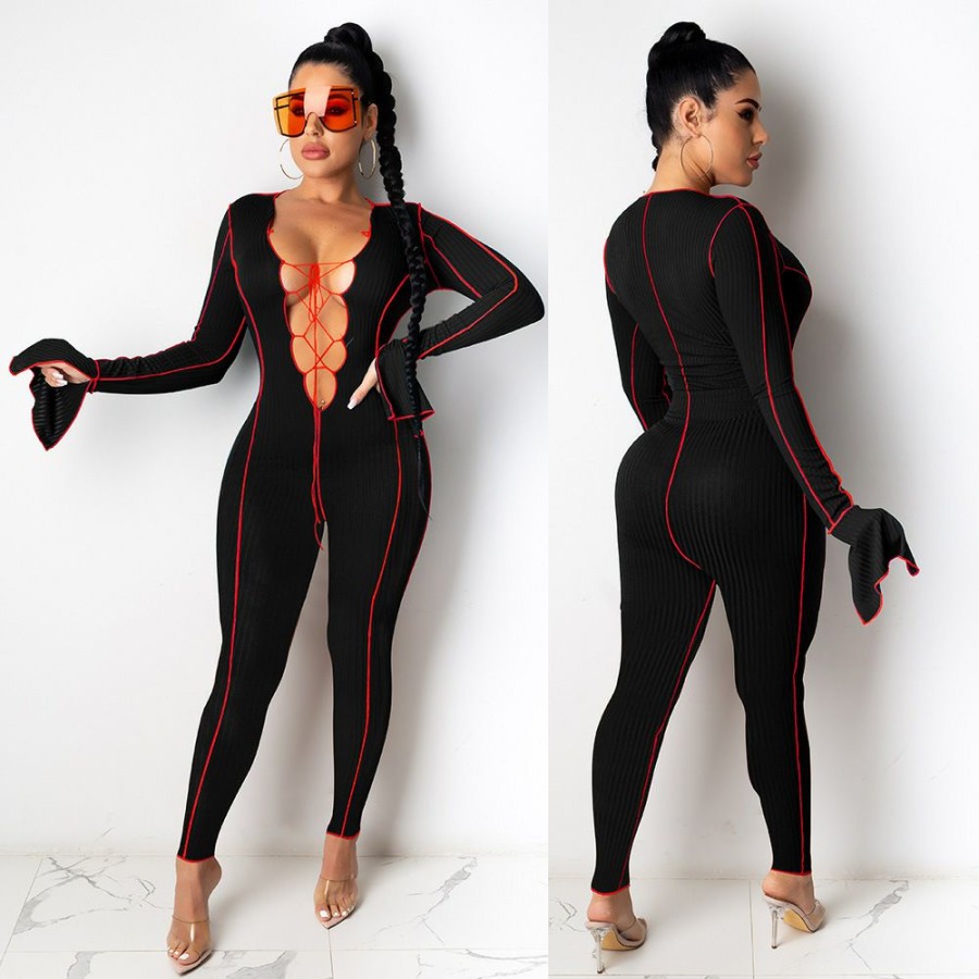 Clubwear * | Sexy Lace-Up Flared Sleeve Nightclub Jumpsuit Fsxf-234 Excellent