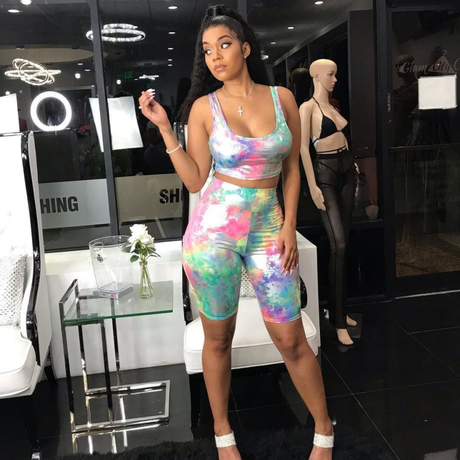 Clubwear * | Tie Dye Print Sleeveless Two Piece Shorts Set Wz-8195 Hot Sale As Shown