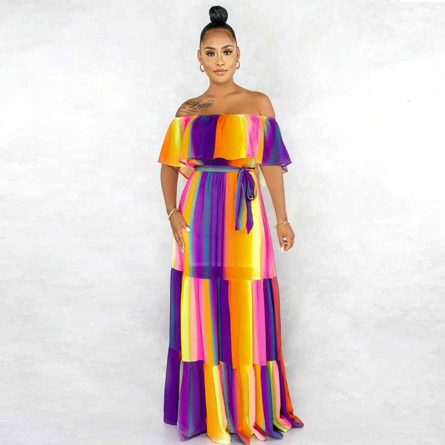 Dresses * | Sweet Off Shoulder Print Maxi Dress Abf-6611 Hot Sale Colorful