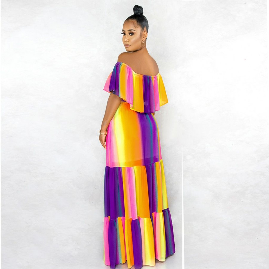 Dresses * | Sweet Off Shoulder Print Maxi Dress Abf-6611 Hot Sale Colorful