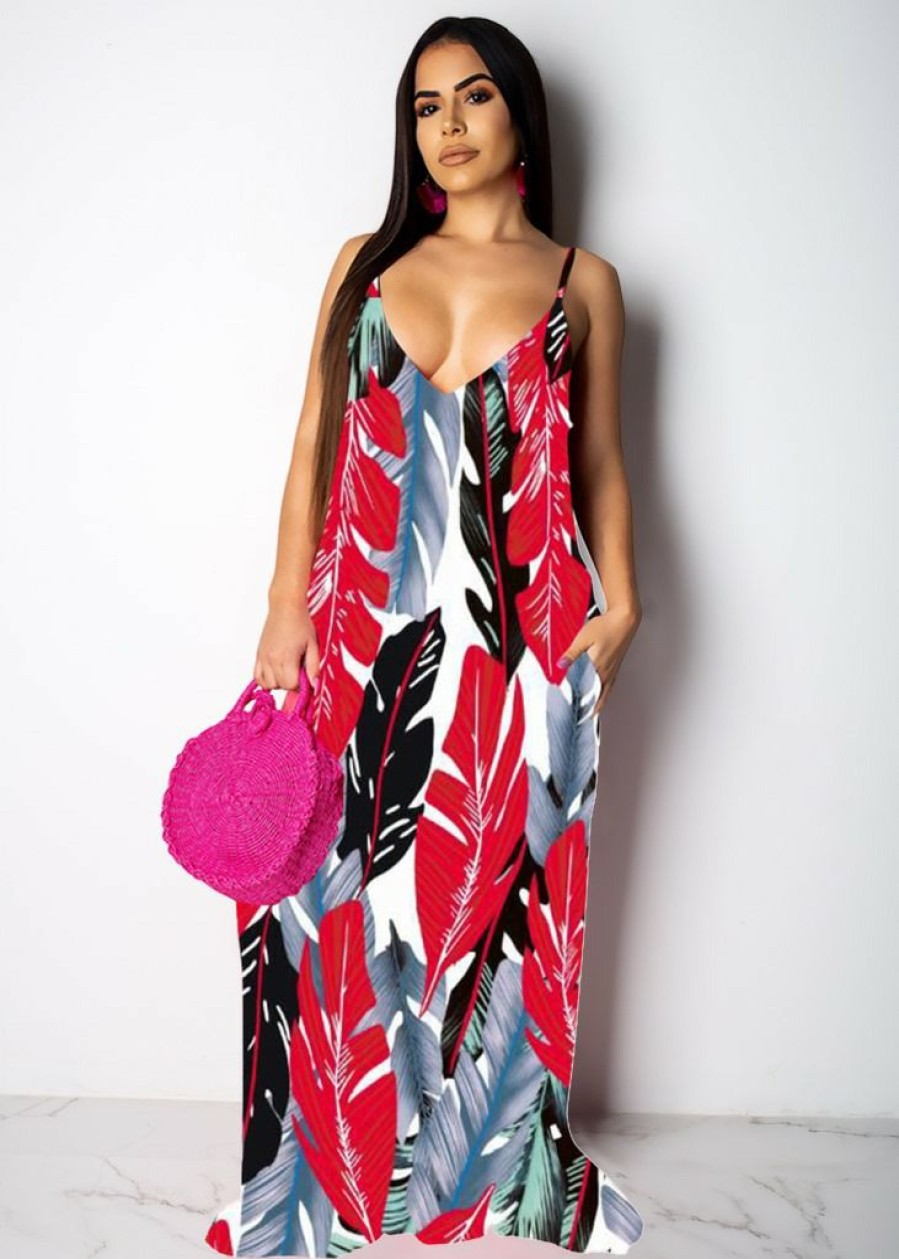 Dresses * | Leaves Print Big Swing Spasghetti Strap Maxi Dress Tr-1019 Good Quality