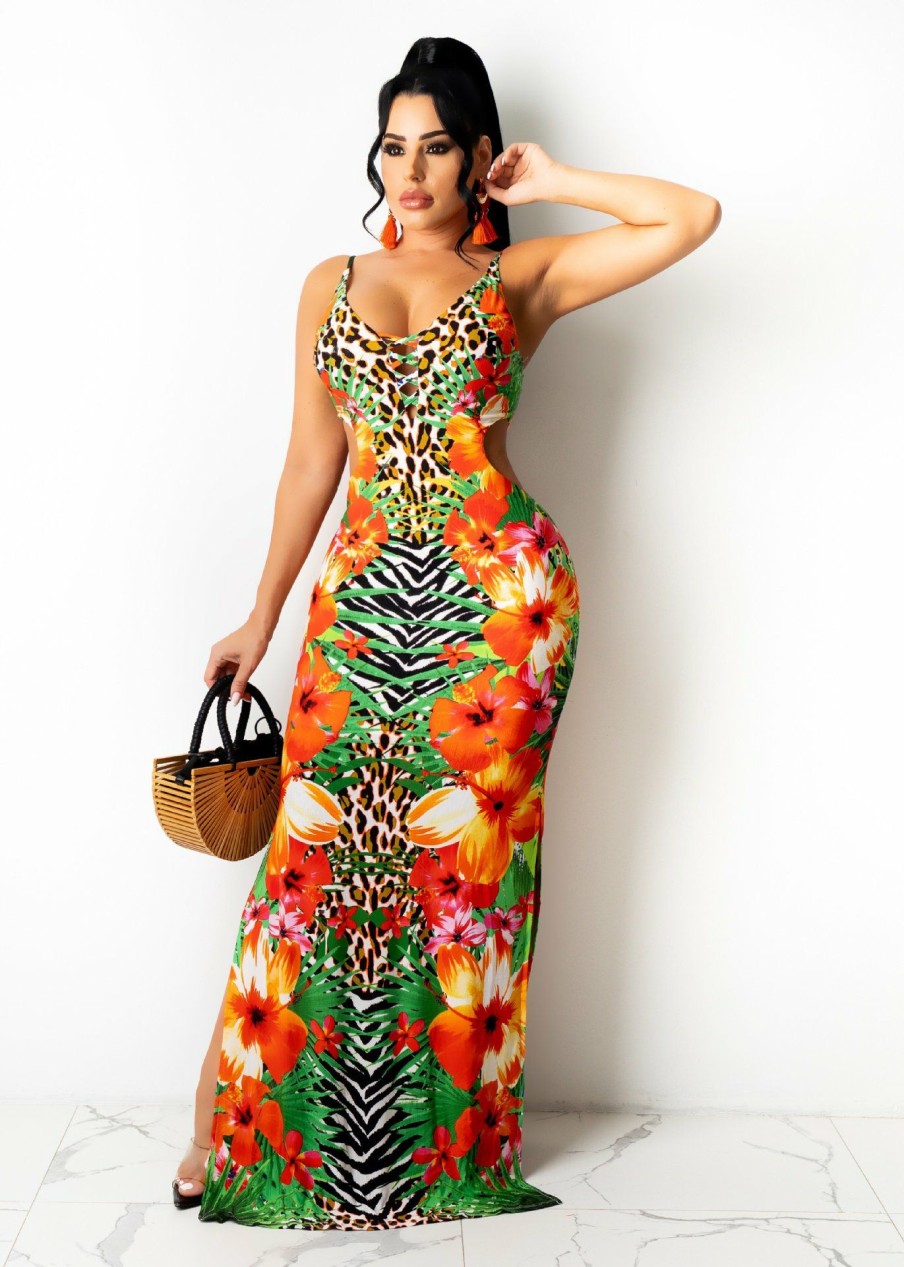 Dresses * | Floral Print Spaghetti Strap Hollow Maxi Dress Znf-9097 Top Sell Orange