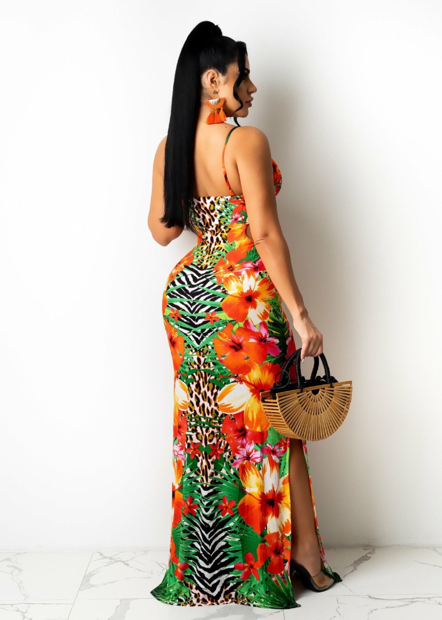 Dresses * | Floral Print Spaghetti Strap Hollow Maxi Dress Znf-9097 Top Sell Orange